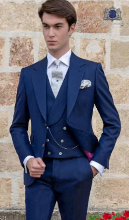 Mens Suits With Double Breasted Vest - Single Button Peak Lapel Royal Blue Suits