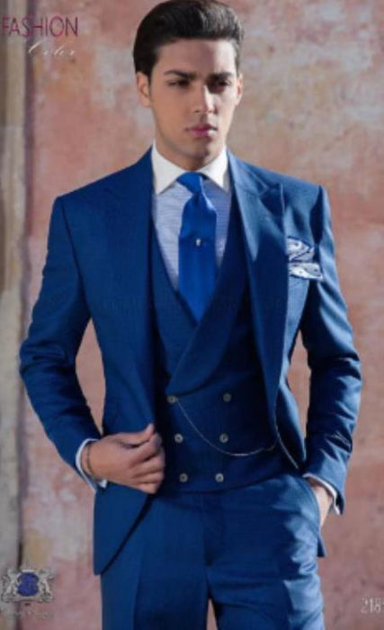 Mens Suits With Double Breasted Vest - Single Button Peak Lapel Royal Blue Suits