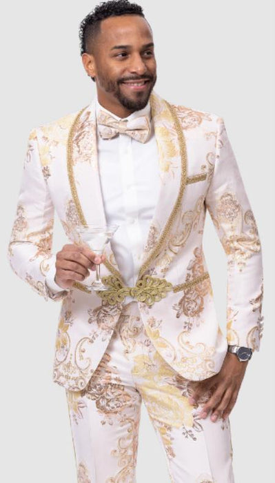 White and Gold Tuxedo - Flower Floral Suit - Paisley Suit