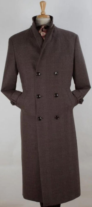 Mens Full Length Length Top Coat - Double Breasted Brown Herringbone