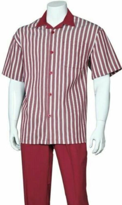 Mens 2pc Walking Suit Short Sleeve Casual Shirt and Pants Set Burgundy