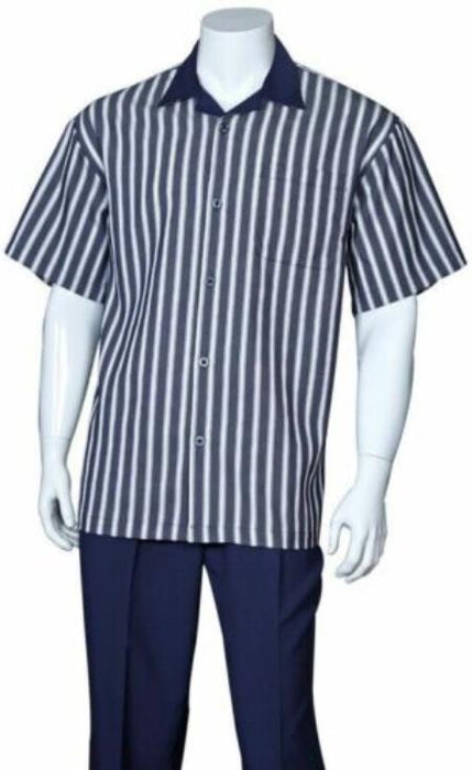 Mens 2pc Walking Suit Short Sleeve Casual Shirt and Pants Set Navy