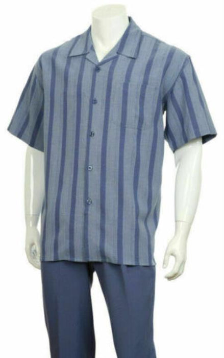 Mens 2pc Walking Suit Short Sleeve Casual Shirt and Pants Set Blue