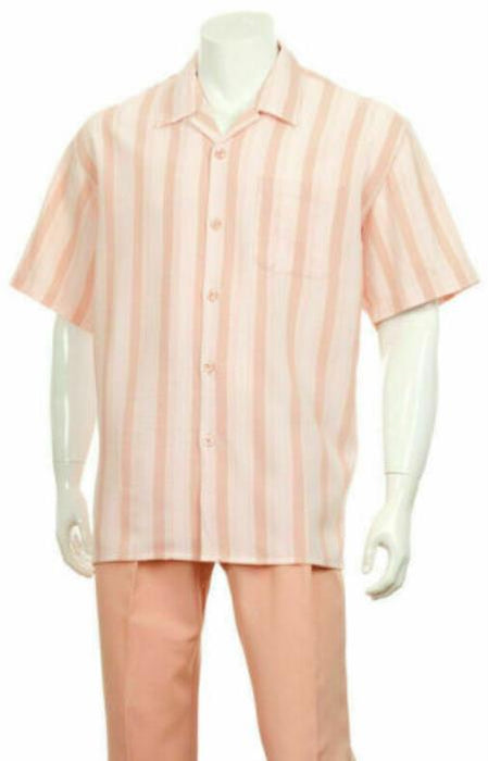 Mens 2pc Walking Suit Short Sleeve Casual Shirt and Pants Set Coral