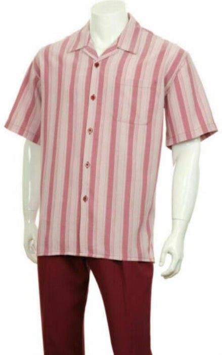 Mens 2pc Walking Suit Short Sleeve Casual Shirt and Pants Set Burgundy