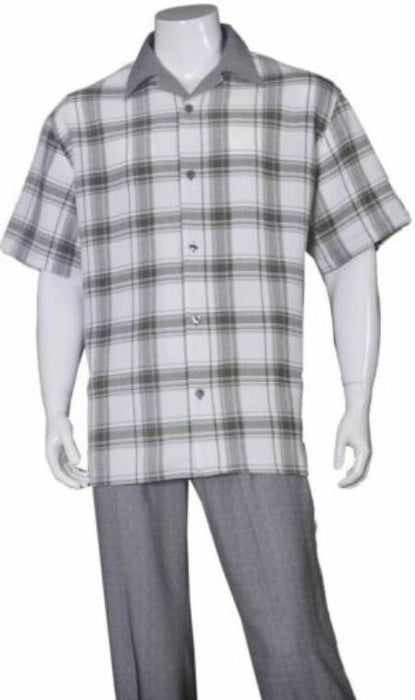 Mens 2pc Walking Suit Short Sleeve Casual Shirt and Pants Gray