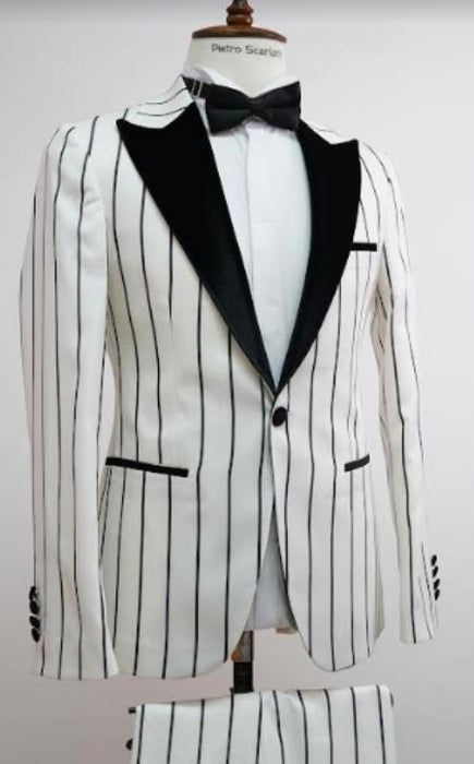 Mens One Button Peak Label Suit White and Black