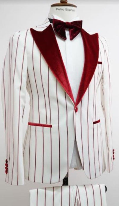 Mens One Button Peak Label Suit White and Red