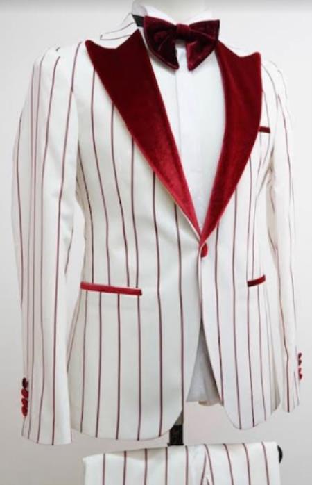 Mens One Button Pinstripe Pattern Suit White and Red