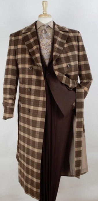 Mens Double Breasted Full Length Overcoat - APTIL3 - Brown Windowpane