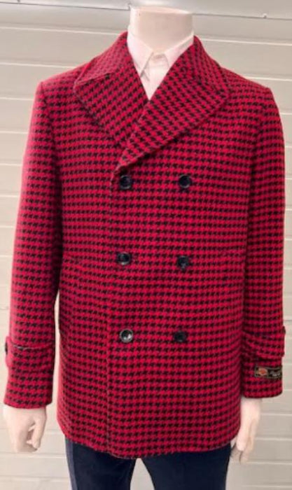 Mens Red Peacoat - Houndstooth Red and Black Pattern Car Coat