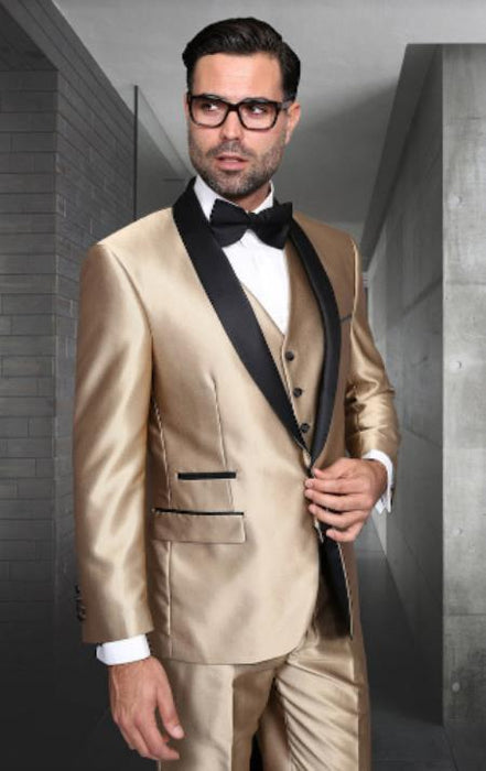 Champagne Shiny Tuxedo Vested Suit - Sateen Sharkskin Fabric Groom Suit