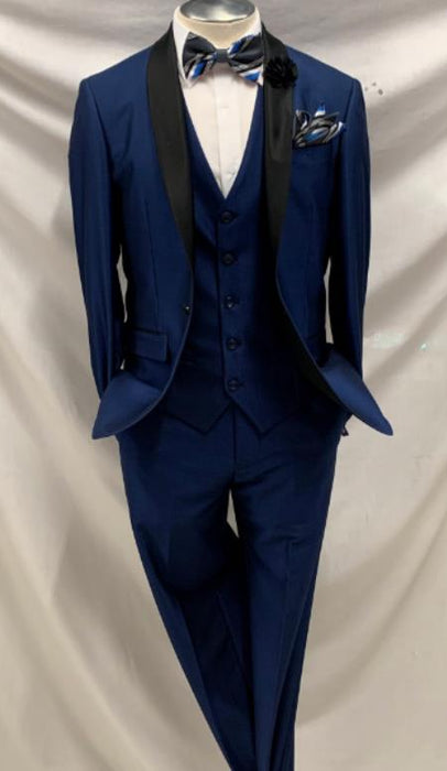 Mens One Button Shawl Lapel Suit Navy Blue