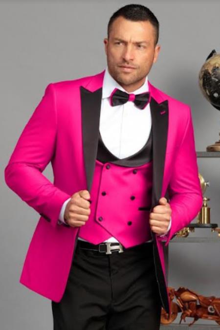 Mens 1 Button Hot Pink - Rose Tuxedo - Peak Lapel With Double Breasted Vest