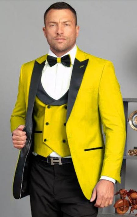 Mens 1 Button Yellow Tuxedo - Peak Lapel With Double Breasted Vest