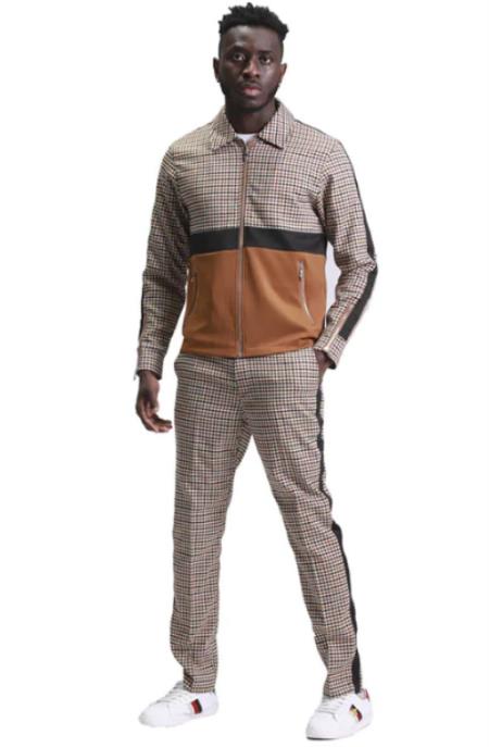 Houndstooth Pattern Walking Suit Mens Coffee Slim Fit Fashion Track Suit