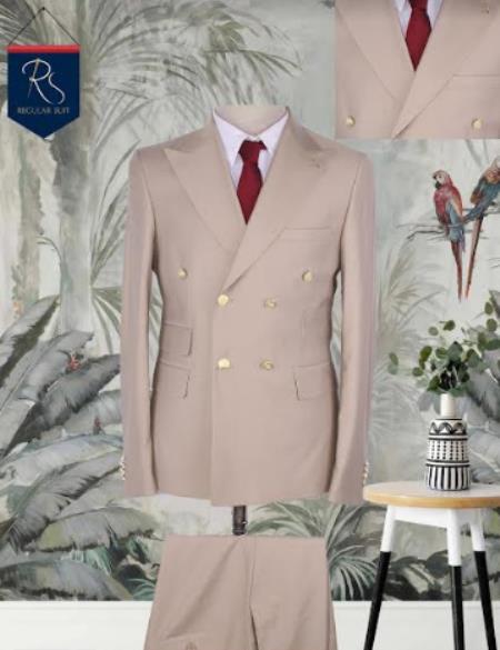 Mens Sand - Tan Double Breasted Suit - With Brass Buttons Flat Front Pants Slim Fit