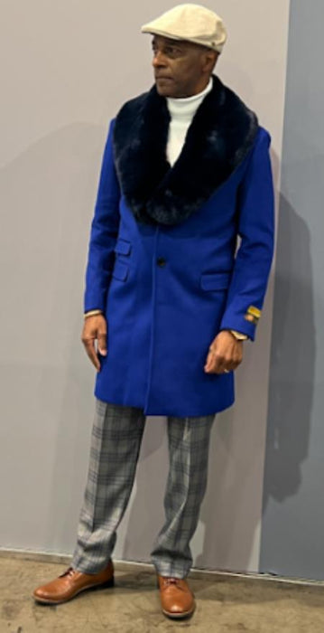 Mens Royal Blue Overcoat - Blue Topcoat With Fur Collar - Mens Car Coat