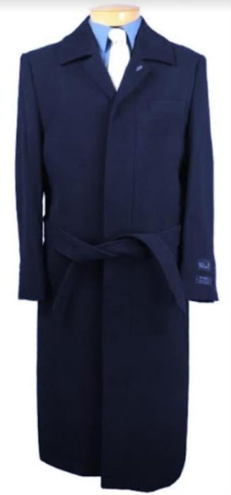 Men's Dress Coat Belted Black Full Length Long Men's Dress Topcoat - Winter Coat Navy Blue Color - Men's Overcoat