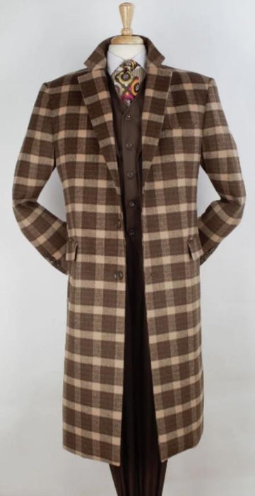 Brown Plaid Overcoat - Vecuna Color Full Length Coat