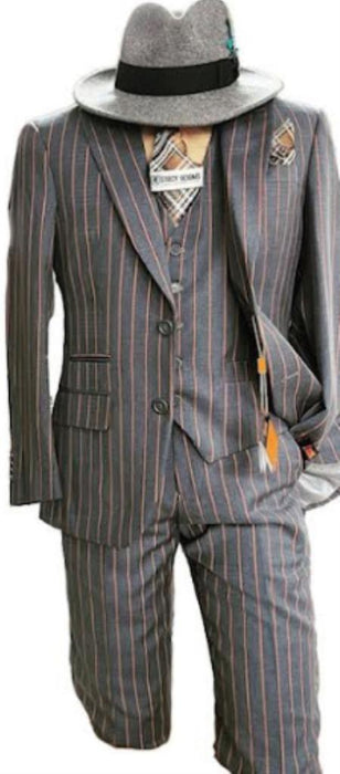 Charcoal Grey With Orange Pinstripe Vested Suit - Peak Lapel Flat Front Pants