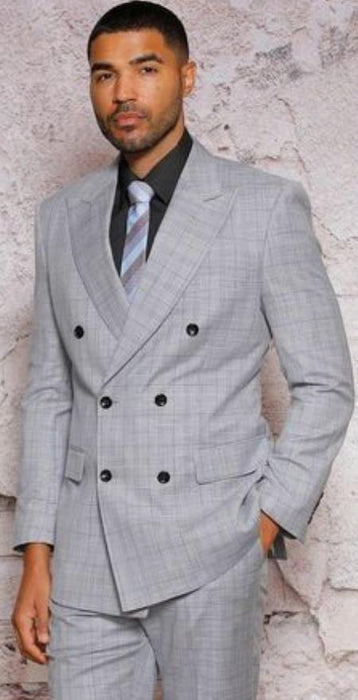 Gray Windowpane Double Breasted Modern Fit Suits for Men Roxbury