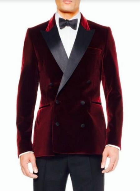 Mens Burgundy Velvet Tuxedo Sportcoat - Velvet Suits Double Breasted Blazer - Slim Fit