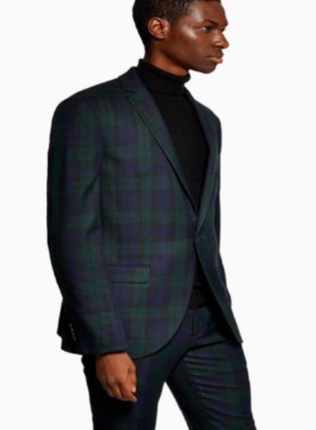 Green and Blue Plaid Suit With Black Sweater - Suit - Vested Suit - Texture Suit