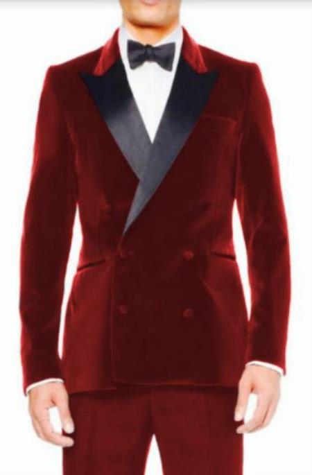 Mens Hot Red Velvet Tuxedo Sport Coat - Velvet Suits Double Breasted Blazer - Slim Fit