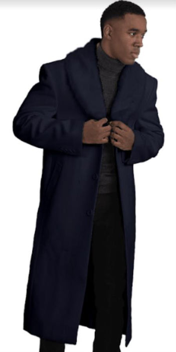 Mens Overcoat With Fur Collar - Navy Topcoat