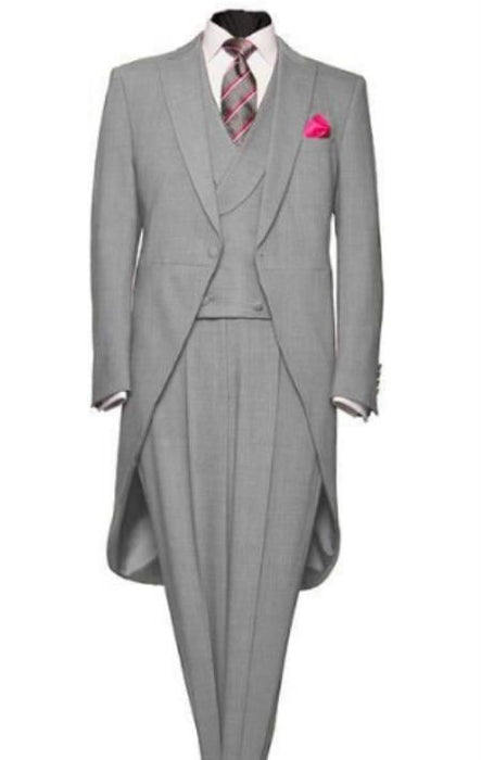 Men's Light Weight Peak Lapel Wool 1 Button Silver Grey Morning Coat