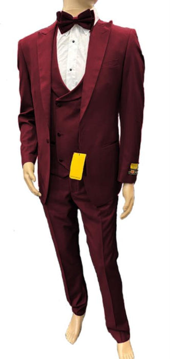 Mens One Button Peak Label Suit Burgundy