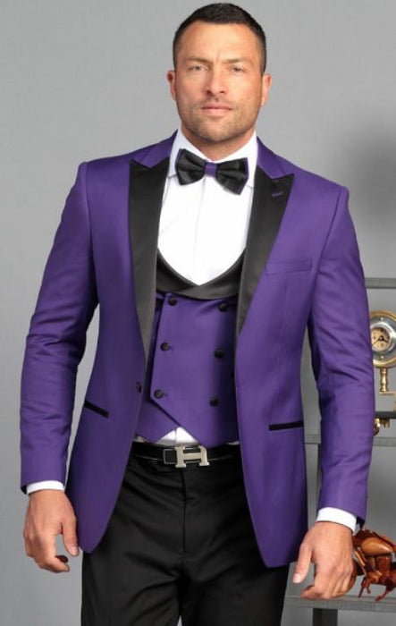 Ultra Slim Fit Prom Tuxedos - Purple Prom Suits with Double Breasted Vest - Homecoming Suit