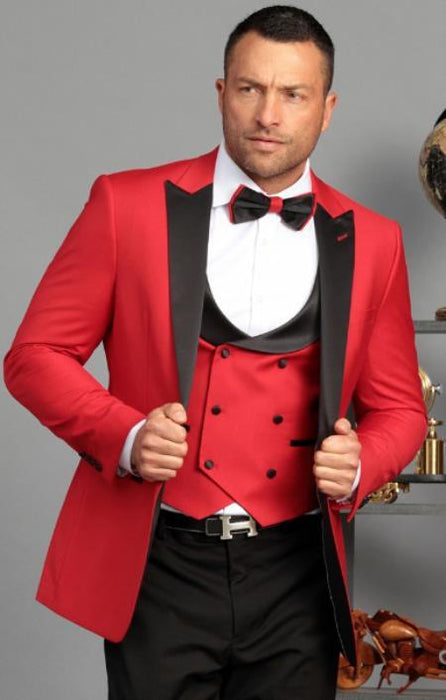 Ultra Slim Fit Prom Tuxedos - Red Prom Suits with Double Breasted Vest - Homecoming Suit