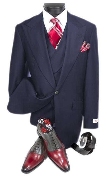 Mens Big and Tall Size Suits - Plus Size Mens Navy Suit - Peak Lapel Ticket Pocket