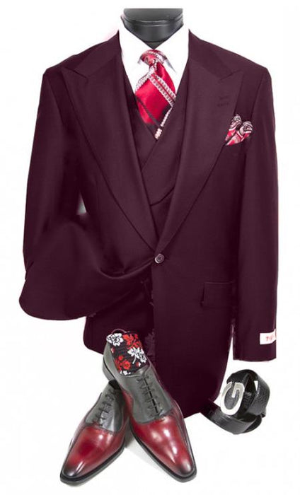 Mens Big and Tall Size Suits - Plus Size Mens Burgundy Suit - Peak Lapel Ticket Pocket