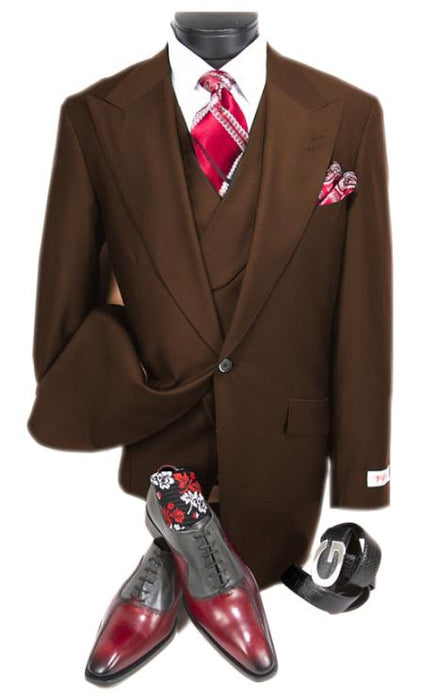 Mens Big and Tall Size Suits - Plus Size Mens Dark Brown Suit - Peak Lapel Ticket Pocket