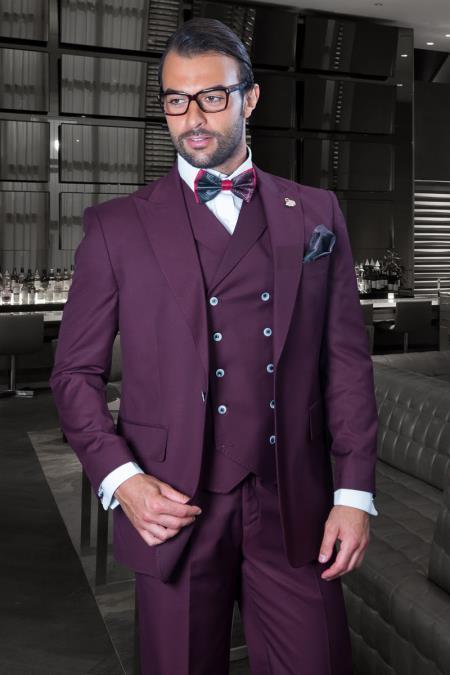 Mens Big and Tall Size Suits - Plus Size Mens Burgundy Suit - Peak Lapel Ticket Pocket