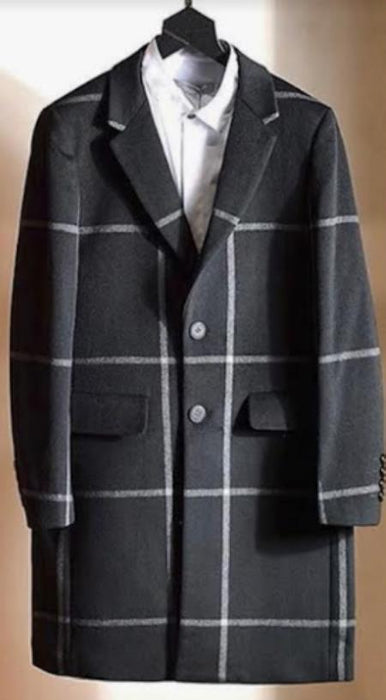 Mens Plaid Peacoat - Plaid Pattern Dark Gray Coat