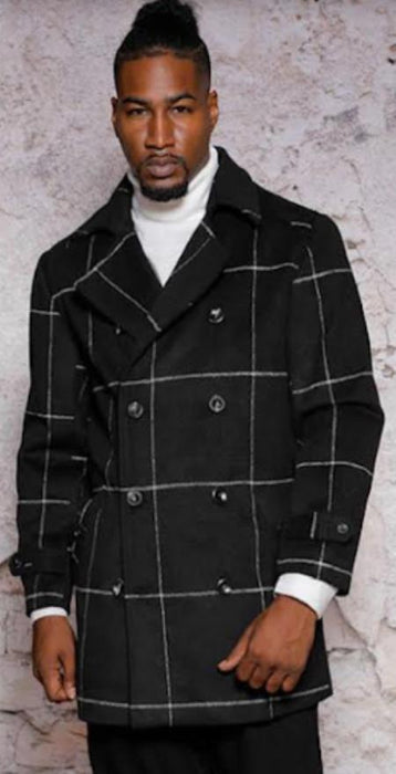 Mens Plaid Overcoat - Peacoat - Plaid Topcoats Black