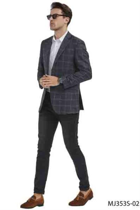 Mens Plaid Grey Blazer - Window Pane Sport Coat