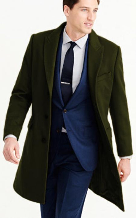 Mens Carcoat - Olive Green Three Quarter Peak Lapel Topcoat