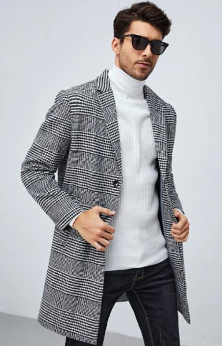 Men Houndstooth Pattern Lapel Neck Overcoat