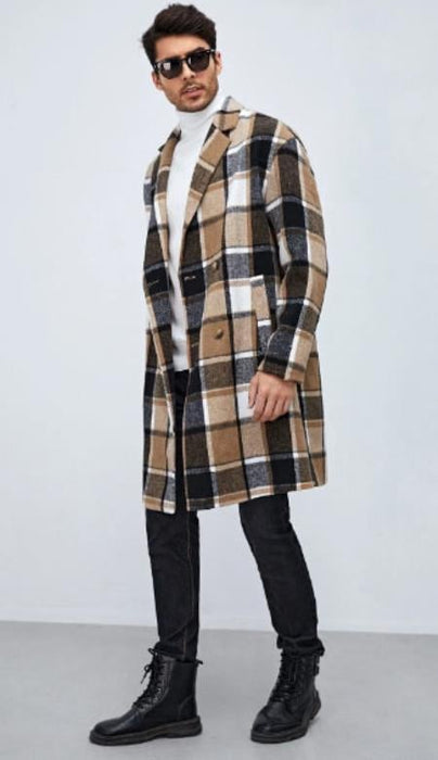 Men Plaid Lapel Neck Double Breasted Overcoat