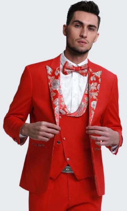 Red Tuxedo With Floral Pattern Peak Lapel 4-Piece Set