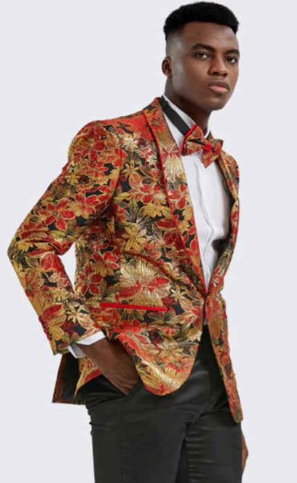 Red ~ Gold Floral Tuxedo Jacket Slim Fit