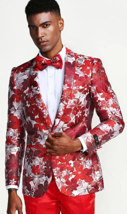 Red Floral Tuxedo Jacket Slim Fit