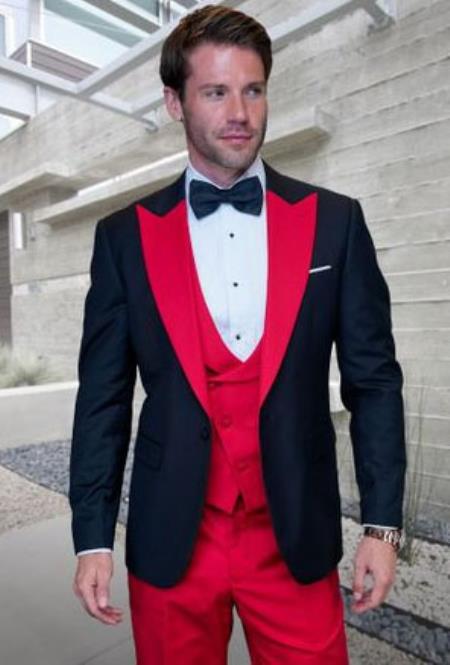 Statement Mens Red 3 Piece Modern Fit Designer Tuxedo