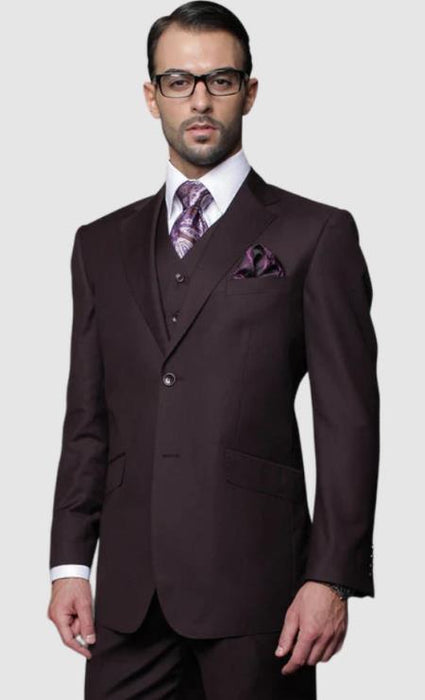 Mens 2 Button Notch Lapel 3 PC Suit With Vest Plum ~ Eggplant