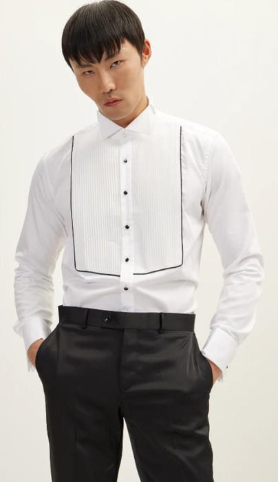 Mens Pleated Win Tip Collar Shirt - White Black